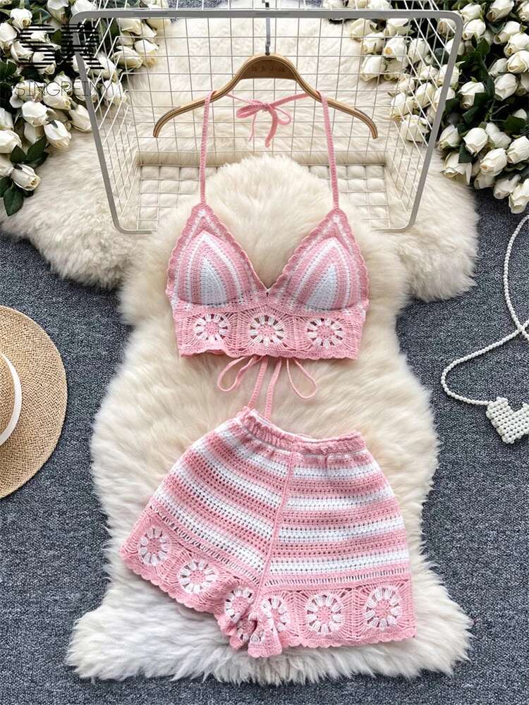 Beach Vacation Knit 2pcs Suits - Cami Top Lace avaliação e preço