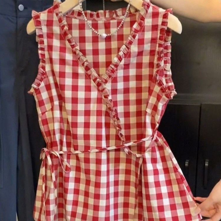 Retro Red Plaid Sleeveless Ves - Corset Waist Cinch avaliação e preço