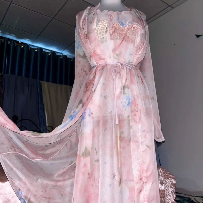 Pink Silk Printed See Through  - Robe Silk Women avaliação e preço