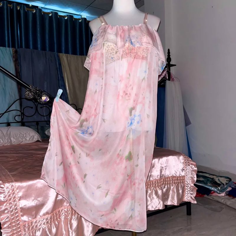 Pink Silk Printed See Through  - Robe Silk Women avaliação e preço