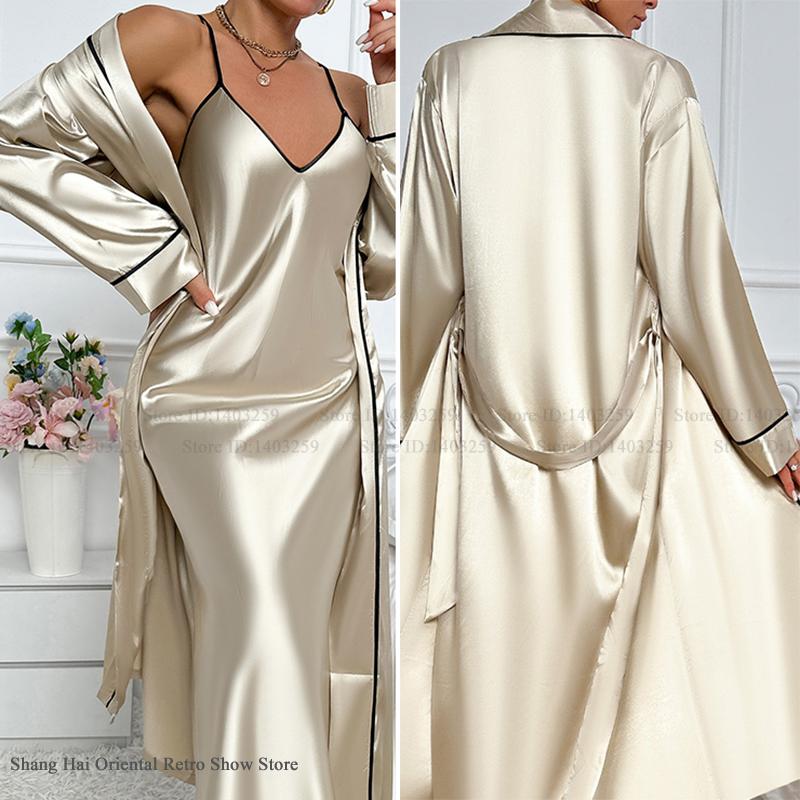 Sexy Long Twinset Robe Set Che - Robe Silk Women avaliação e preço