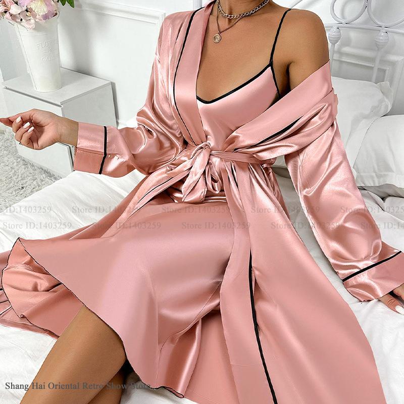 Sexy Long Twinset Robe Set Che - Robe Silk Women avaliação e preço