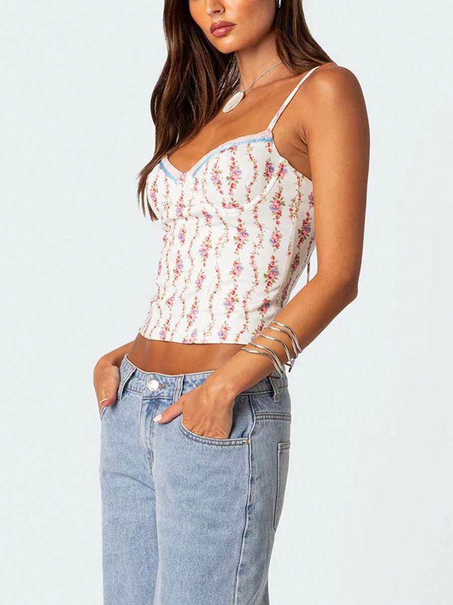Women Floral Print Tie Strap V - Cami Top Lace avaliação e preço
