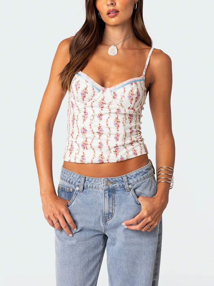 Women Floral Print Tie Strap V - Cami Top Lace avaliação e preço