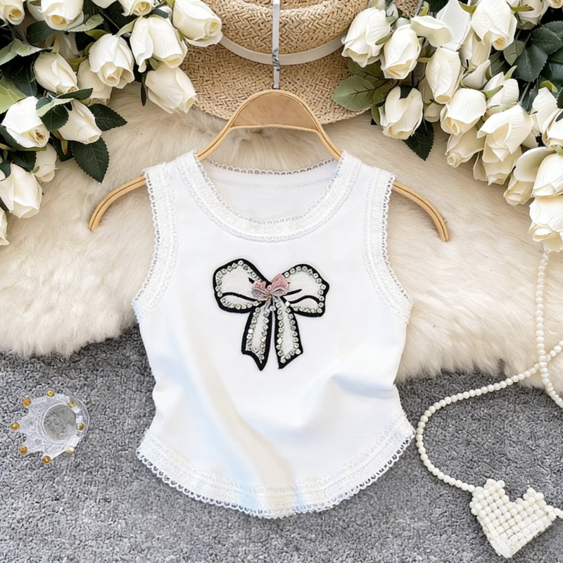 White Lace Trim Rhinestone Bow - Cami Top Lace avaliação e preço